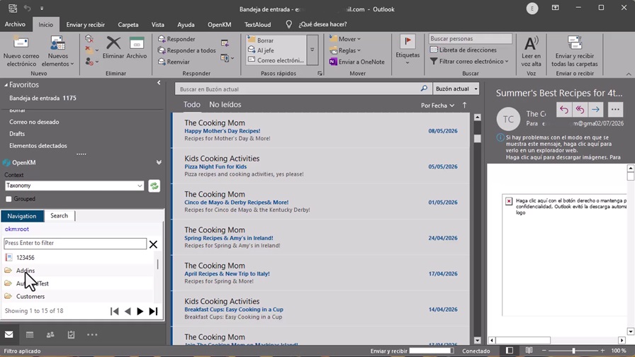Le complément Outlook remplace l'ancienne arborescence des dossiers par une navigation paginée et une fonction de recherche.