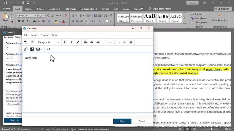 Nouvel éditeur de notes HTML du complément OpenKM pour Microsoft Word.